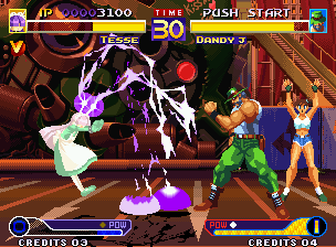 Waku Waku 7 (Neo Geo) screenshot: With Dandy J's approaching attempt, it's time to Tesse strike back with her ES Attack Denshi Kousen!