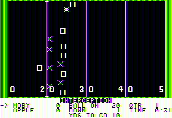 Hi-Res Football (Apple II) screenshot: Intercepted pass