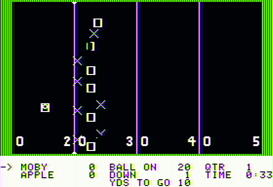 Hi-Res Football (Apple II) screenshot: Quarterback has the ball