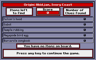 BushBuck Charms, Viking Ships & Dodo Eggs (Amiga) screenshot: List of items and clues found - zero so far!