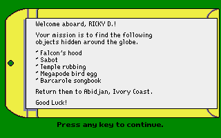BushBuck Charms, Viking Ships & Dodo Eggs (Amiga) screenshot: My mission orders.