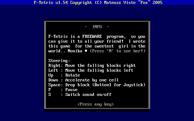 F-Tetris (DOS) screenshot: Game info