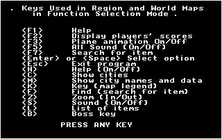 BushBuck Charms, Viking Ships & Dodo Eggs (Amiga) screenshot: List of keys. Interesting that this game has a "boss key".