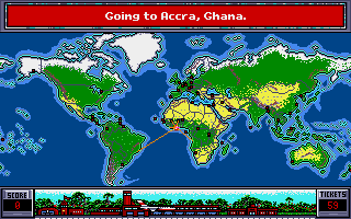 BushBuck Charms, Viking Ships & Dodo Eggs (Amiga) screenshot: Flying to Ghana.