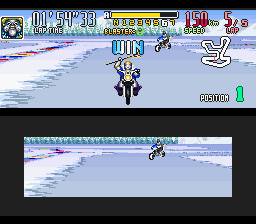 Saban's Power Rangers Zeo: Battle Racers (SNES) screenshot: After 5 laps in the slippery curves of Ice Sheet 1, King Mondo wins a match against the Gold Ranger!