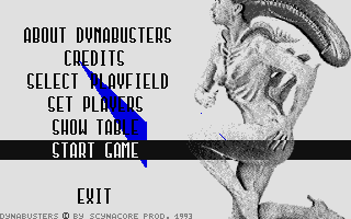 Dynabusters (Atari ST) screenshot: Title screen with main menu