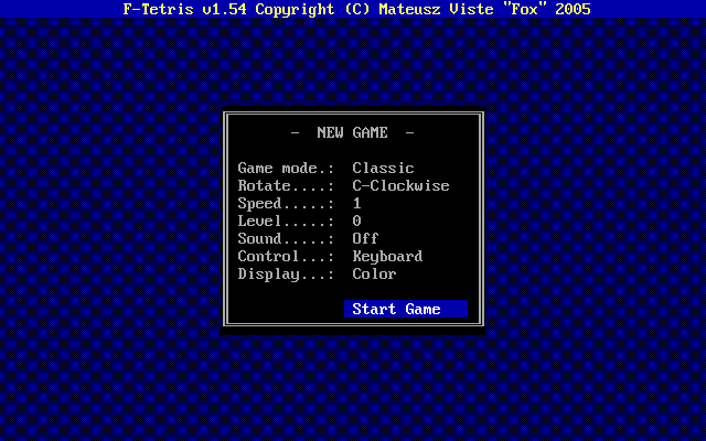 F-Tetris (DOS) screenshot: Game options