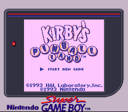 Kirby's Pinball Land (Game Boy) screenshot: Title screen on the Super Game Boy. The game gets internally detected and this palette gets assigned out of the predefined ones.