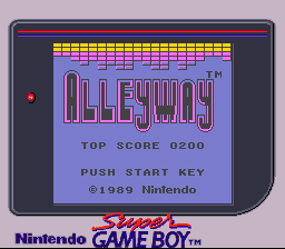 Alleyway (Game Boy) screenshot: Title screen on Super Game Boy. Alleyway is one of the games that is internally detected and assigned one of the predefined palettes.