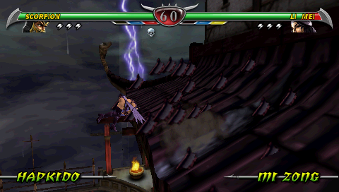 Mortal Kombat: Unchained (PSP) screenshot: Li Mei being thrown through the environment.
