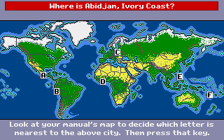 BushBuck Charms, Viking Ships & Dodo Eggs (Amiga) screenshot: Choose a location on the map that is closest to the city.