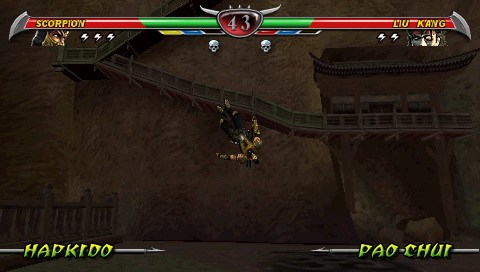 Mortal Kombat: Unchained (PSP) screenshot: Scorpion sight-seeing the Outer Realm.