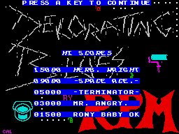 Dekorating Blues (ZX Spectrum) screenshot: High scores superimposed onto it