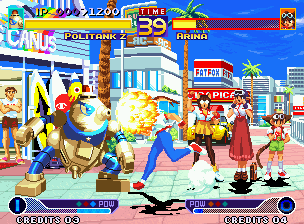 Waku Waku 7 (Neo Geo) screenshot: While Arina runs in direction to Politank Z, the king-size robot performs a flaming-spit offensive.
