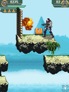 Lost Planet 2 (J2ME) screenshot: Using grenade to lower bridge