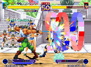 Waku Waku 7 (Neo Geo) screenshot: Now, with part of his energy, Rai is damaged by Dandy J's move High Hissatsu Rope Gouin Teikiatsu...