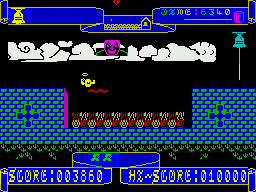 Hunchy (ZX Spectrum) screenshot: Screen 2 - falling on a moving platform.