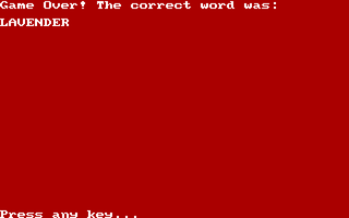 Hangman (DOS) screenshot: Game over