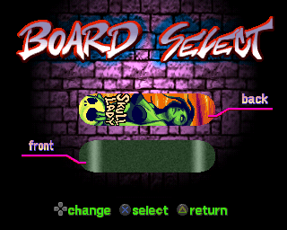 Street Sk8er (PlayStation) screenshot: Board selection. The only thing different about them is the print.