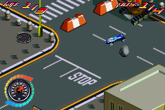 Hot Wheels: All Out (Game Boy Advance) screenshot: ...and turning before crashing into the road blocks.