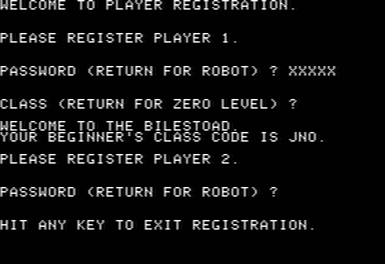 The Bilestoad (Apple II) screenshot: Player setup: resume your progress with the "class" code, if you have one.