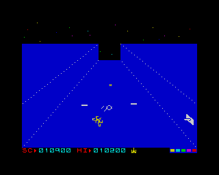 Death Star Interceptor (ZX Spectrum) screenshot: Phase 3: <i>Equitorial Trench</i>.<br> "It's away!!"