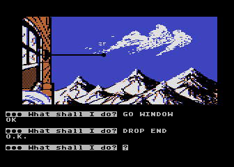 Scott Adams' Graphic Adventure #5: The Count (Atari 8-bit) screenshot: Trying to make an escape out the window, huh?