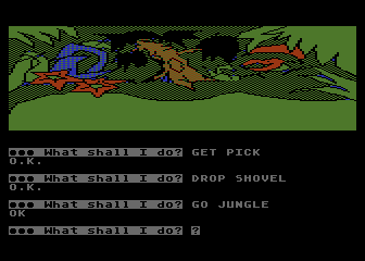 Scott Adams' Graphic Adventure #6: Strange Odyssey (Atari 8-bit) screenshot: Lost in the jungle