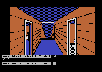 Scott Adams' Graphic Adventure #5: The Count (Atari 8-bit) screenshot: Wandering down a hallway.