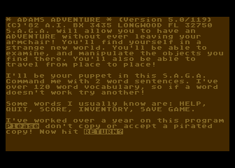 Scott Adams' Graphic Adventure #6: Strange Odyssey (Atari 8-bit) screenshot: Welcome to the game! Remember, don't copy that floppy!