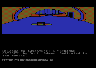 Scott Adams' Graphic Adventure #6: Strange Odyssey (Atari 8-bit) screenshot: Beginning in your ship.