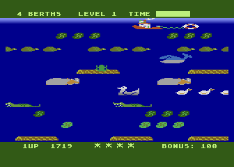 Frogger II: ThreeeDeep! (Atari 8-bit) screenshot: Hop across things to reach the tugboat. (Cartridge version)