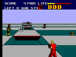 Dynamite Duke (SEGA Master System) screenshot: Crouching soldiers are harder to hit.
