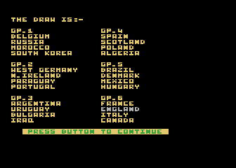 World Cup Manager (Atari 8-bit) screenshot: Groups - France and Italy represent a tough draw