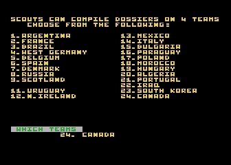 World Cup Manager (Atari 8-bit) screenshot: Scouting selection