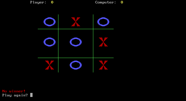 Tic Tac Toe (DOS) screenshot: No winner