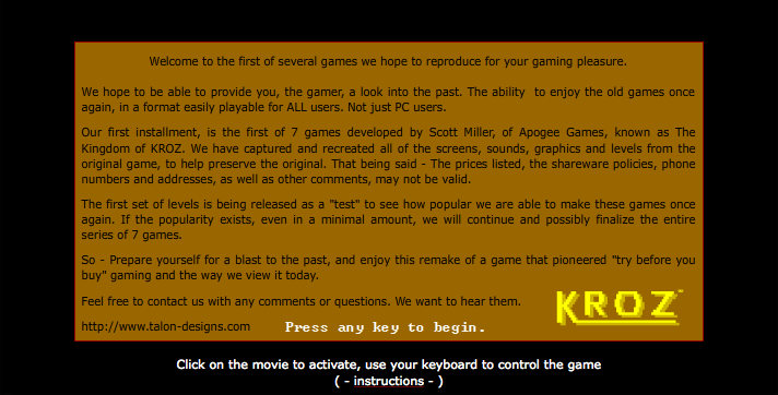 Kingdom of Kroz II (Browser) screenshot: New introduction