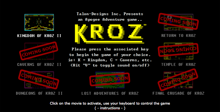 Kingdom of Kroz II (Browser) screenshot: Start menu