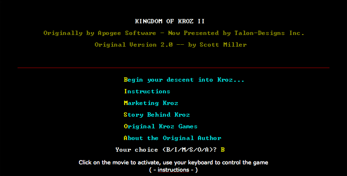Kingdom of Kroz II (Browser) screenshot: Main menu