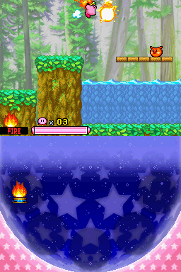 Kirby: Squeak Squad (Nintendo DS) screenshot: In addition to the powers Kirby has the ability to float in the air.
