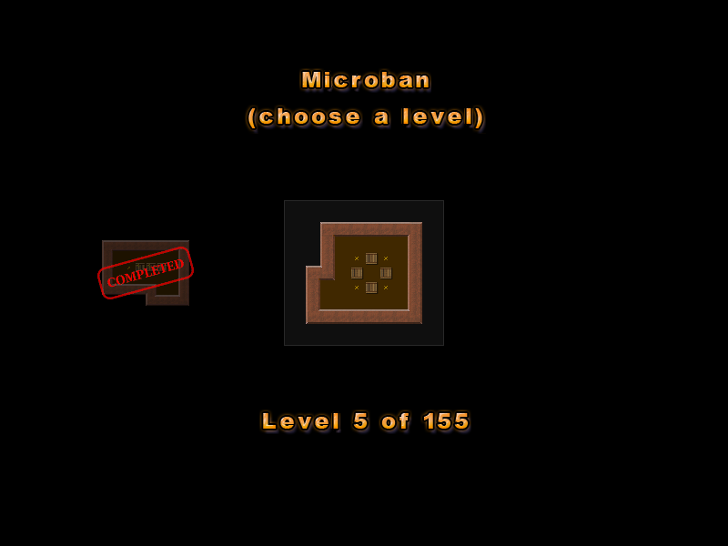Simple Sokoban (Windows) screenshot: Level completed on level selection menu