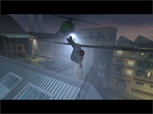 Lara Croft: Tomb Raider - The Action Adventure (DVD Player) screenshot: Trying to avoid getting shot by helicopter