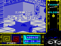 Ninja Remix (ZX Spectrum) screenshot: The end.<br> The last of lamps is alight. <i>Kunitoki</i> is not capable of re-spawning himself again. Well, at least not until the "Last Ninja 3".
