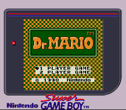 Dr. Mario (Game Boy) screenshot: Title screen on Super Game Boy. The game is internally detected and this palette gets assigned (out of the predefined ones).