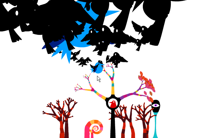 tinygrow (Browser) screenshot: A flack of birds is about to invade the branches of the main tree. Their excrements are very important as fertilizers.