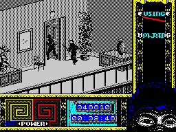 Ninja Remix (ZX Spectrum) screenshot: Level 6, "The House": Skylight.<br> (Landed from the skylight to start running for a place where I can draw my weapon peacefully.)