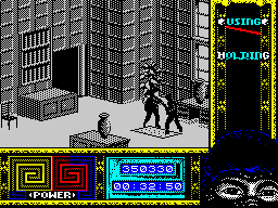 Ninja Remix (ZX Spectrum) screenshot: Level 6, "The House": Kitchen Elevator.<br> (Every place is defended by a bodyguard. I have to draw my weapon between rooms.)