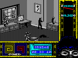 Ninja Remix (ZX Spectrum) screenshot: Level 6, "The House": The rope.<br> (This rope will prove to be very useful in the Kitchen's elevator. I mustn't trigger the alarms...)