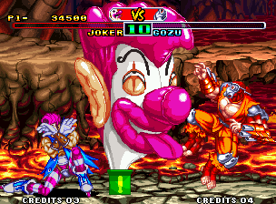 Savage Reign (Neo Geo) screenshot: Joker uses his super move Good Face successfully: the sufficient to hit-stun Gozu for some instants!