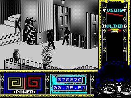 Ninja Remix (ZX Spectrum) screenshot: Level 6, "The House": The secret passage.<br> Behind that vase with a huge plant there's a hidden passage to the basement.
